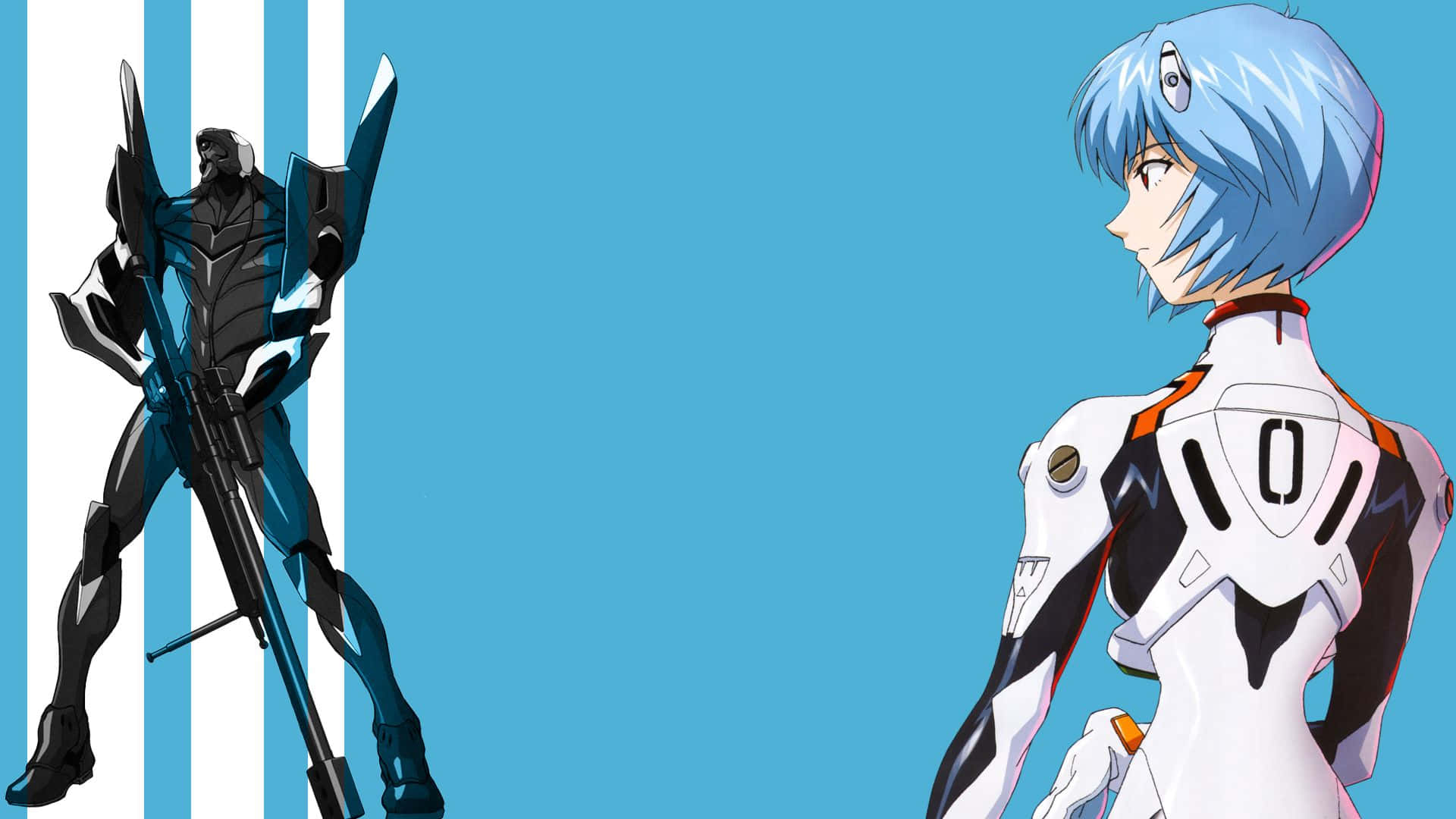 Chica anime en traje blanco junto a mech negro sobre fondo de rayas azules — Rei Ayanami Fondos de pantalla
