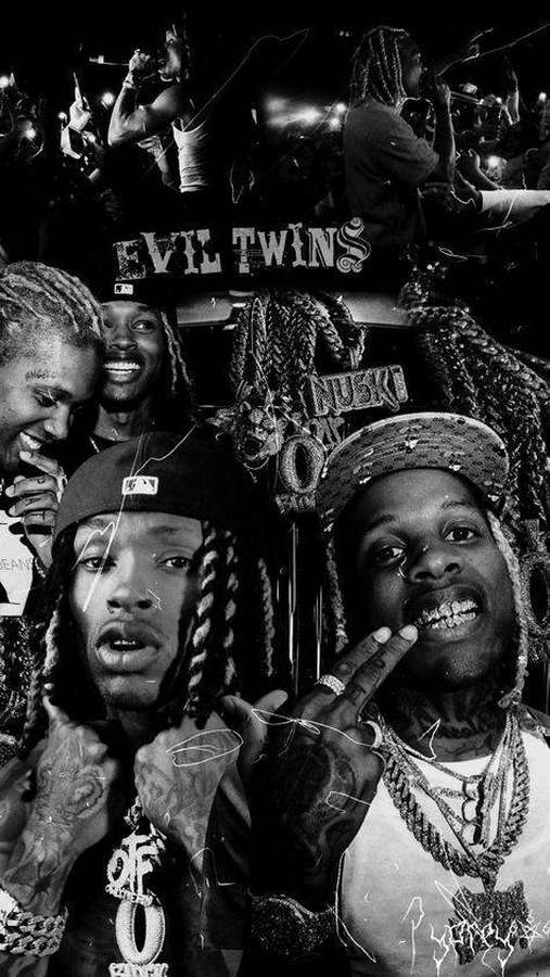 Dois rappers com tranças e correntes posando com o texto 'Evil Twins' em um concerto. — Rei Von e Lil Durk Papéis de Parede