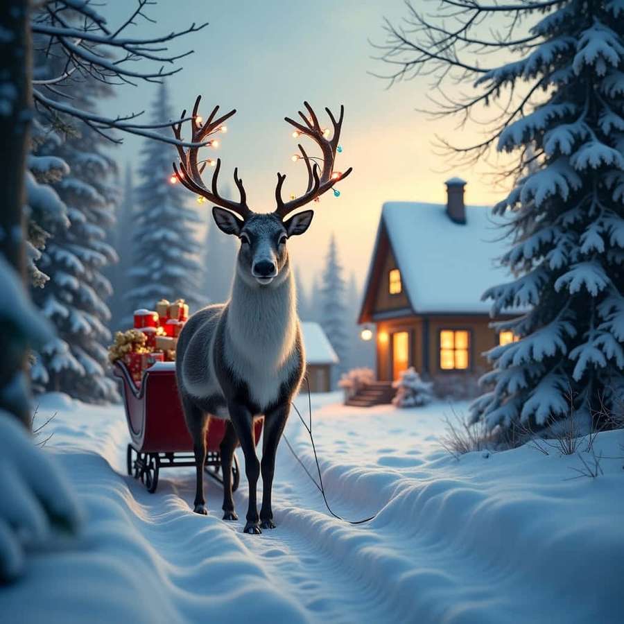 Reindeer pulling sleigh with gifts through snowy forest toward cozy cabin at dusk. — Reindeer Wallpaper