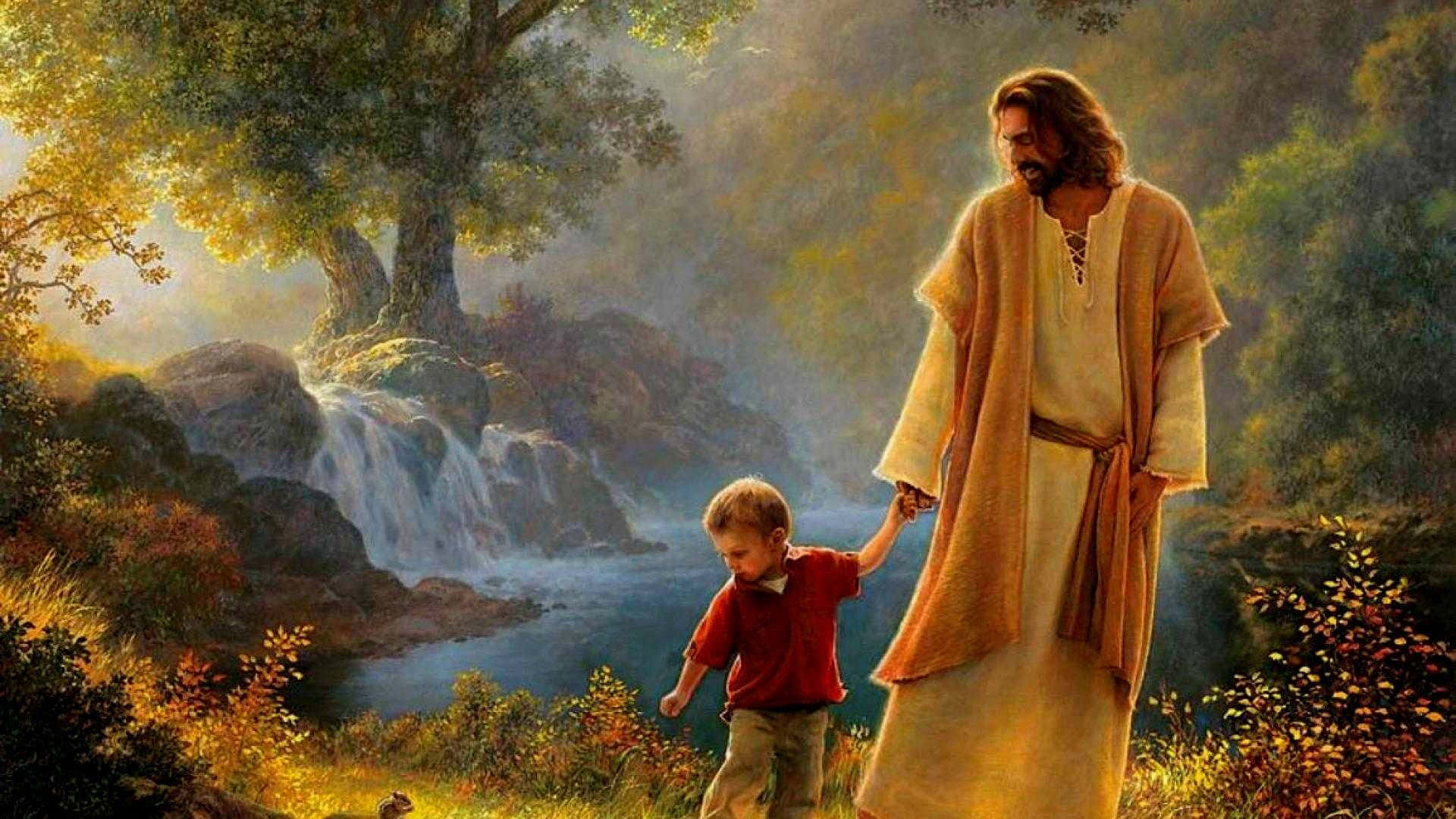Jesus hält die Hand eines Kindes in der Nähe eines Wasserfalls in einem Wald. — Religiös Wallpaper