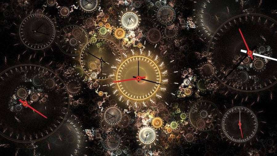 Relojes y engranajes flotantes en un espacio digital oscuro con reflejos brillantes. — Relojes Fondos de pantalla