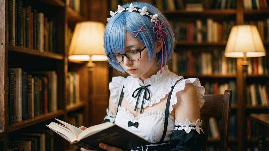Cozy wallpaper of Rem reading in a library — Remind Wallpaper
