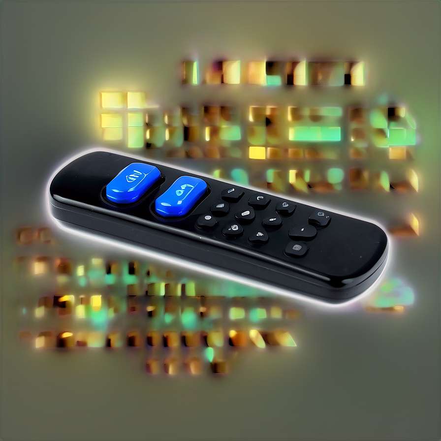 A black remote control with blue buttons surrounded by glowing digital cubes. — Remote control PNG
