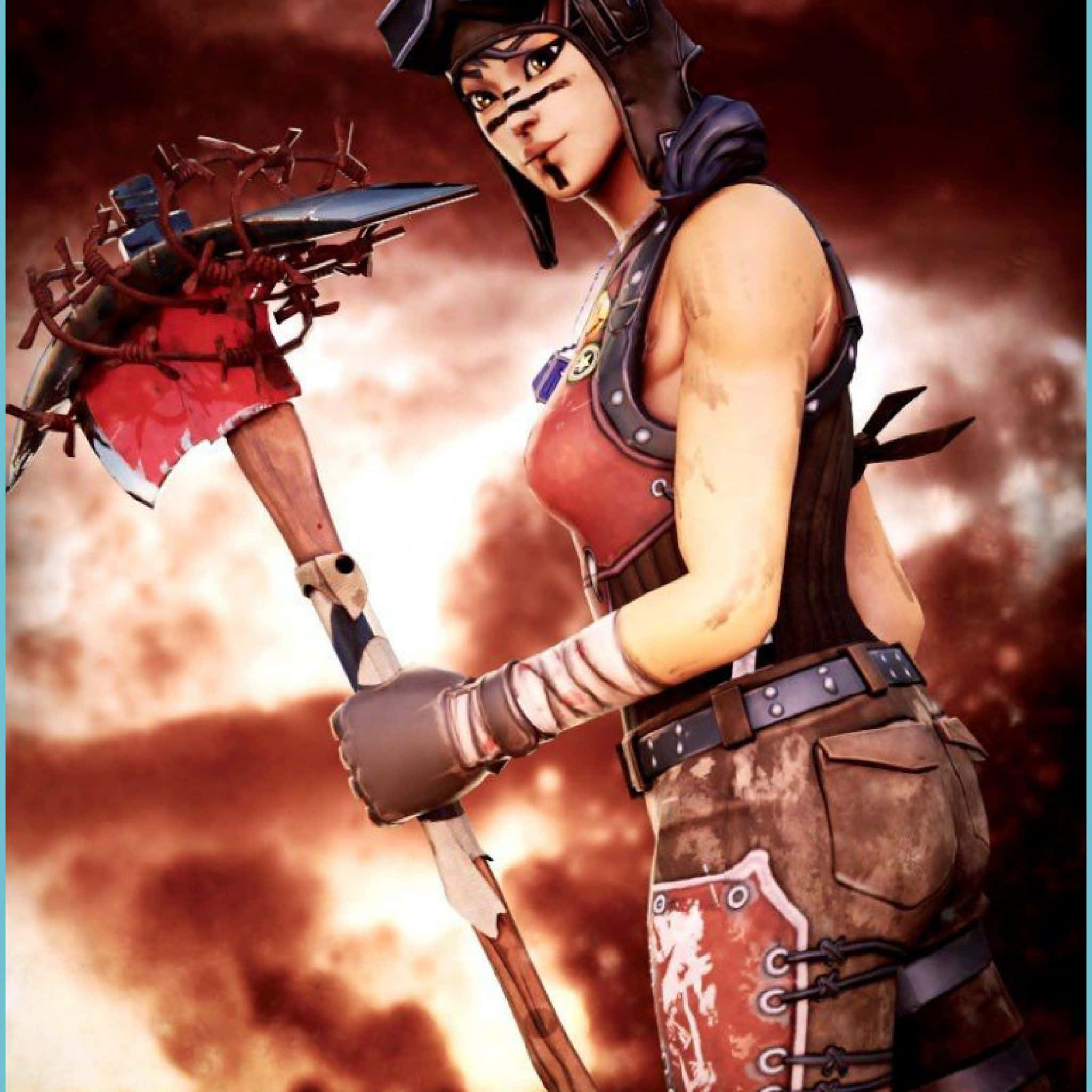 A warrior woman with tribal face paint holds a barbed axe in a fiery sky. — Renegade Wallpaper