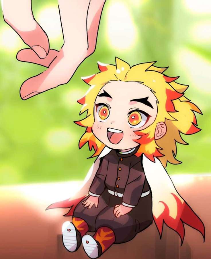 Chibi anime baby with fiery hair and eyes smiling as a giant hand reaches down to touch them. — Rengoku Chibi Wallpaper