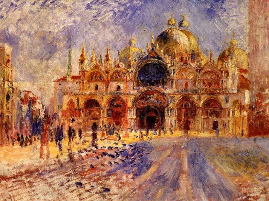 Markusdom in Venedig mit goldenen Kuppeln und geschäftiger Menschenmenge unter impressionistischen Pinselstrichen. — Renoir Bilder