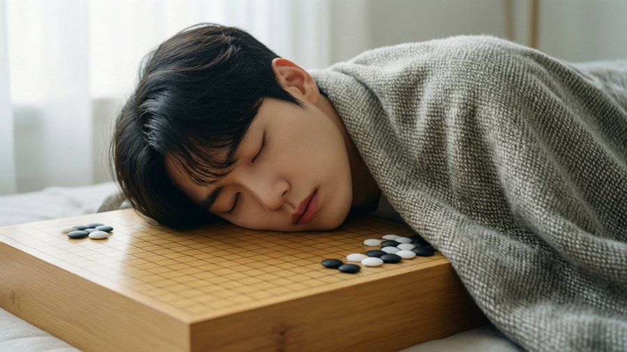 Choi Taek napping at his baduk board, a serene and adorable moment. — Reply 1988 Background