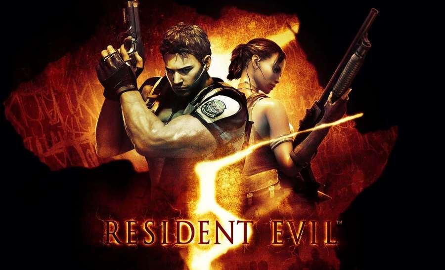 Two video game characters holding guns against a fiery background. — Resident Evil 5 Wallpaper