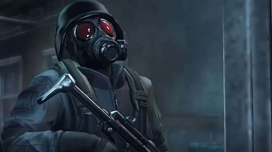 Soldaat in gasmasker met gloeiende rode ogen die geweer vasthoudt in donkere industriële omgeving — Resident Evil Hunk Achtergronden