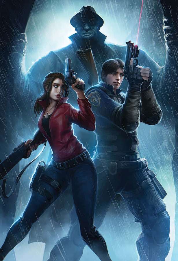 Dois personagens armados na chuva com uma figura sombria ameaçadora pairando atrás deles. — Resident Evil Tyrant Papéis de Parede