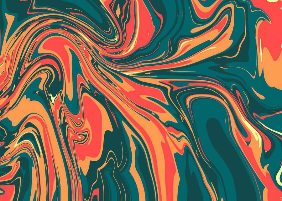 Dynamic abstract swirl of fiery orange red and deep teal colors. — Resin Wallpaper