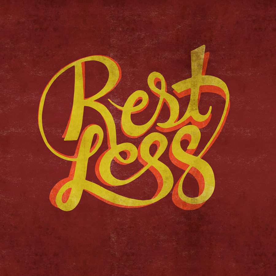 Motivational phrase rest less in stylized yellow and orange lettering on red textured background — Restless Wallpaper