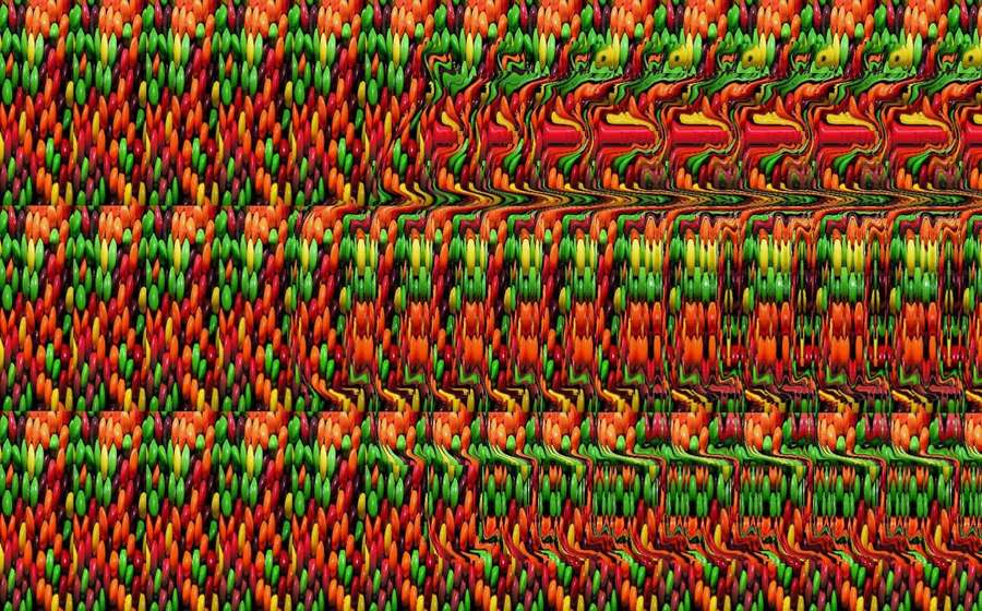 Obra de arte digital abstrata com formas coloridas repetidas e distorção ondulada espelhada. — Resumo Papéis de Parede