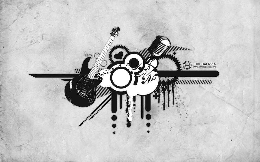 Arte gráfica preto e branco com microfone de guitarra e notas musicais em fundo texturizado. — Resumo em 4K Papéis de Parede