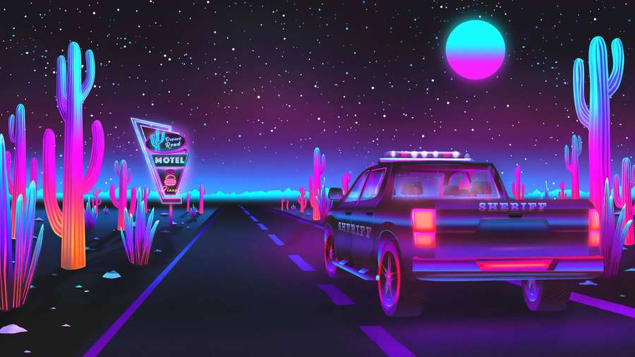 Neon-lit desert highway with sheriff truck and motel sign under a glowing moon. — Retro 4K Wallpaper