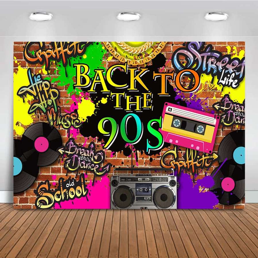 Retro 90s party backdrop with boombox cassette records and graffiti art. — Retro 90s Background