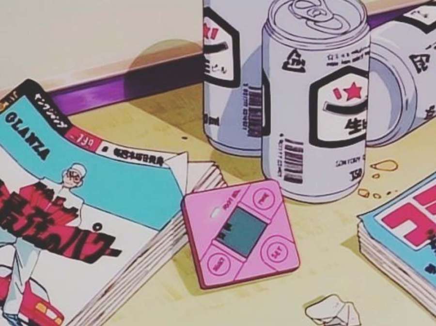 Pink digital camera and beer cans beside manga comics on a cluttered floor. — Retro anime Wallpaper