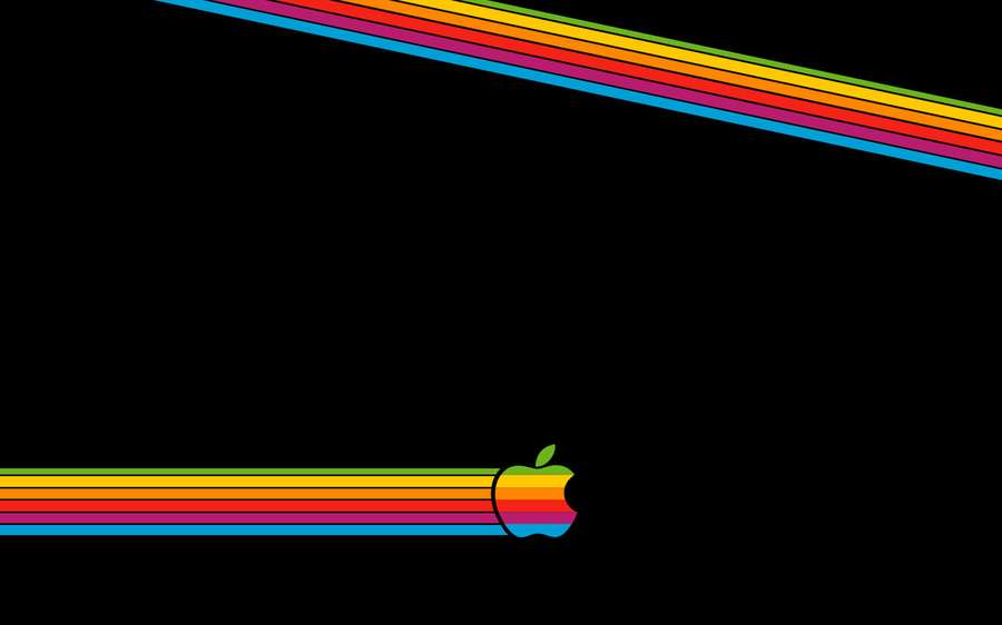 Rainbow Apple logo with diagonal stripes on black background — Retro Apple Logo Wallpaper