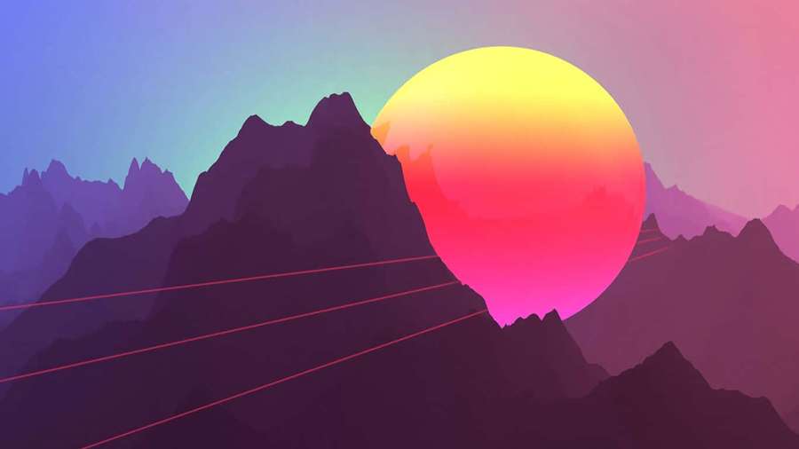 Violetit vuoret jättiläismäisen vaaleanpunaisen ja keltaisen auringonlaskun alla lasersäteiden kanssa. — Retro Auringonlasku Taustakuvat