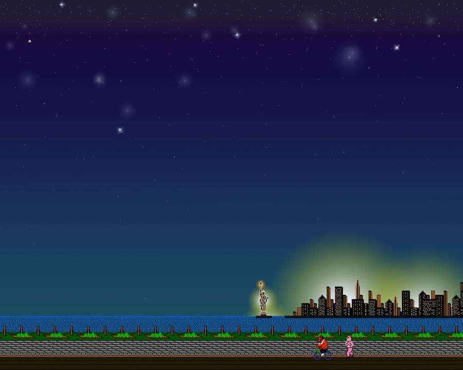 Two pixel characters walk on a pier at night near the Statue of Liberty and city skyline. — Retro Game Wallpaper
