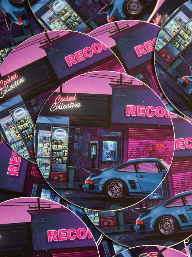 Circular stickers show a blue sports car parked at a neon record store at night. — Retro Summer Aesthetic Wallpaper