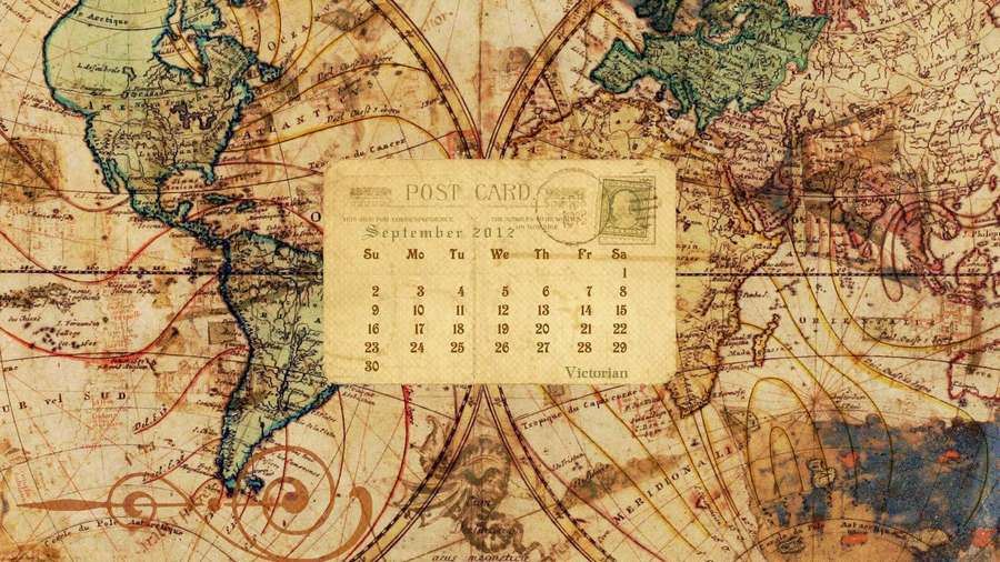 Antique world map with a Victorian postcard calendar centered on September 2012. — Retro Travel Wallpaper