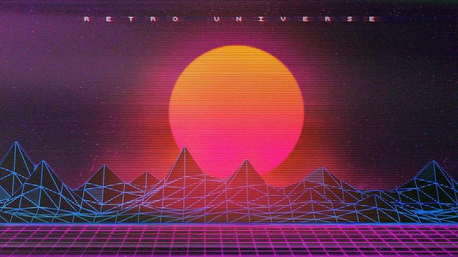 Neon mountains under a glowing sunset in a retro digital landscape. — Retrowave Background