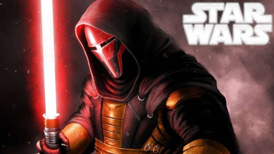 Guerriero Sith che tiene una spada laser rossa in una scena scura e fumosa con il logo di Star Wars. — Revan Sfondi