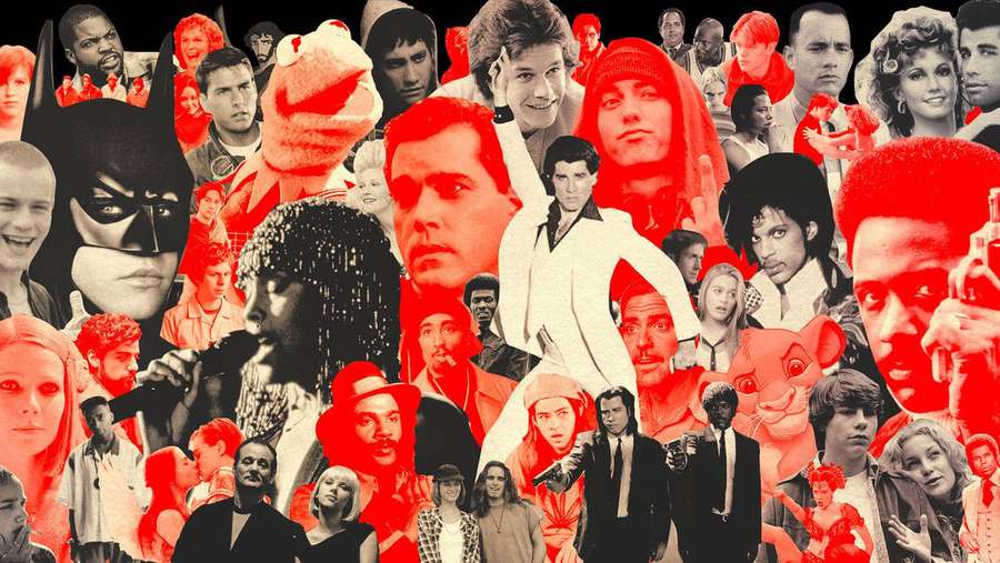 Uma colagem vermelha e preta com celebridades famosas e ícones da cultura pop. — Revista Papéis de Parede