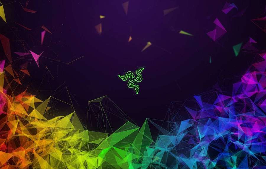 Razer-Logo leuchtend grün umgeben von bunten geometrischen Dreiecken auf dunklem Hintergrund. — Rgb Bilder