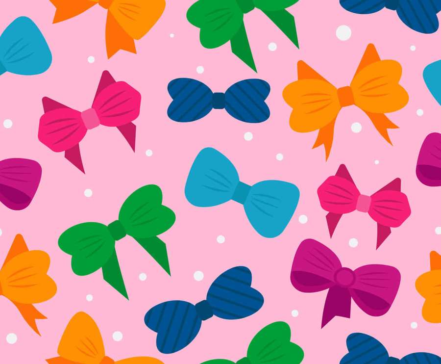 A pattern of colorful cartoon bows on a pink background with white dots. — Ribbon Texture Wallpaper