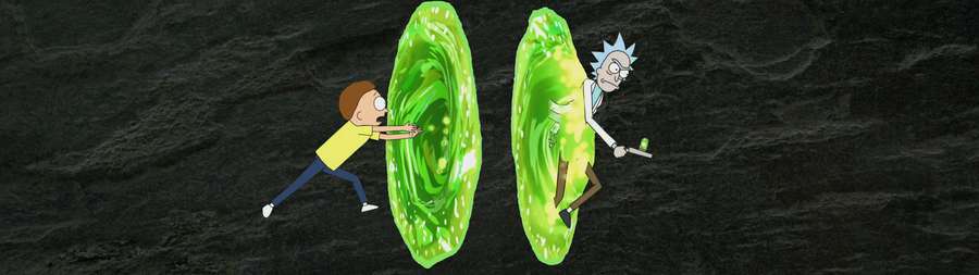Rick und Morty rennen durch grüne Portale auf einer dunklen Felsfläche. — Rick Sanchez Bilder