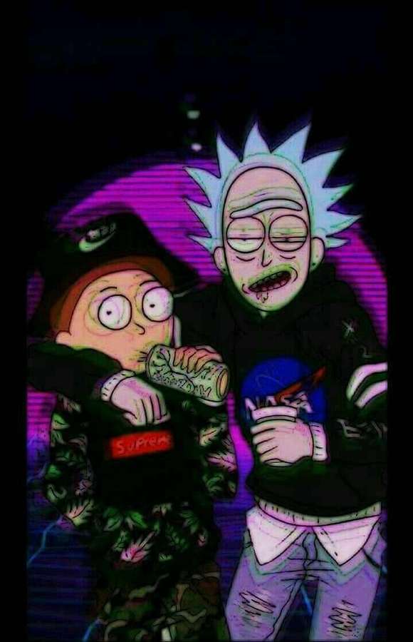 Rick und Morty trinken Soda in einer Neon-Cyberpunk-Szene. — Rick Und Morty Cool Wallpaper