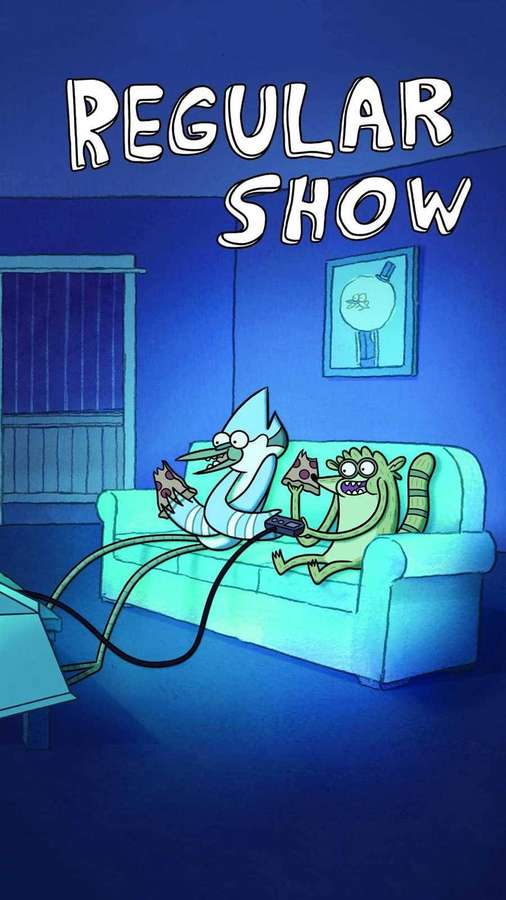 Two cartoon characters eating pizza and playing video games on a couch at night. — Rigby Wallpaper