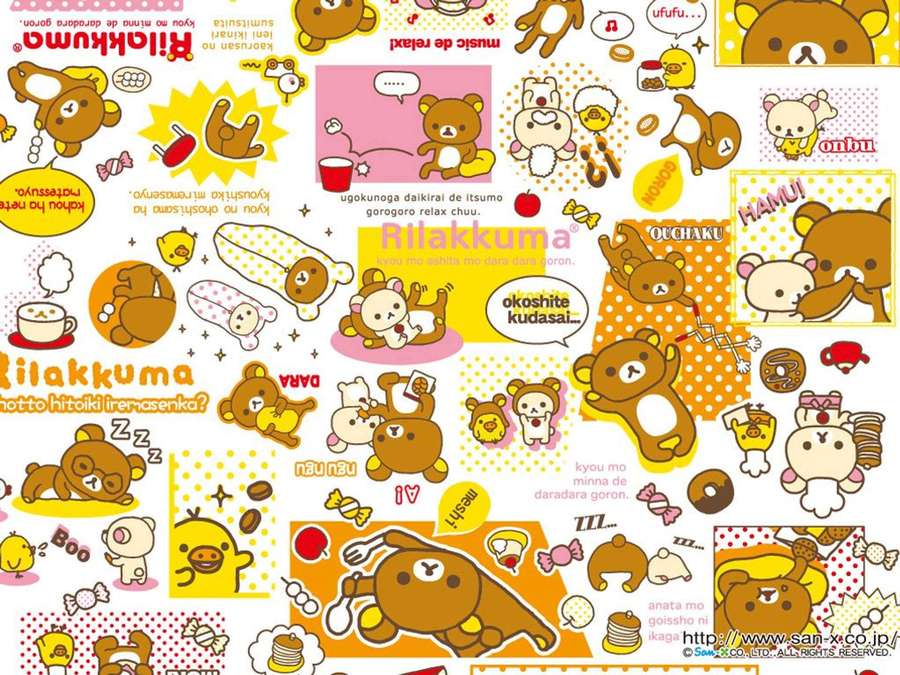 Söpöjä Rilakkuma-hahmoja leikkisissä asennoissa ruoan ja puhekuplien kanssa värikkäillä taustoilla. — Rilakkuma Taustakuvat