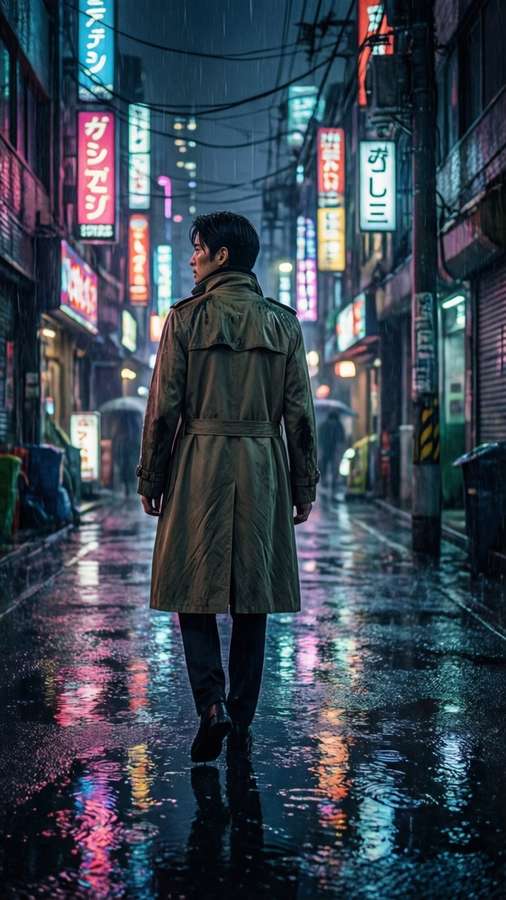 Rin Obami walking in a rainy cyberpunk alley with neon lights. — Rin Obami Wallpaper