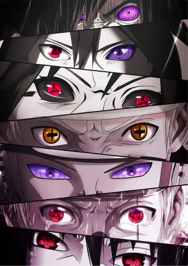 Anime characters' eyes with glowing red purple and gold pupils in a dark collage. — Rinnegan Background