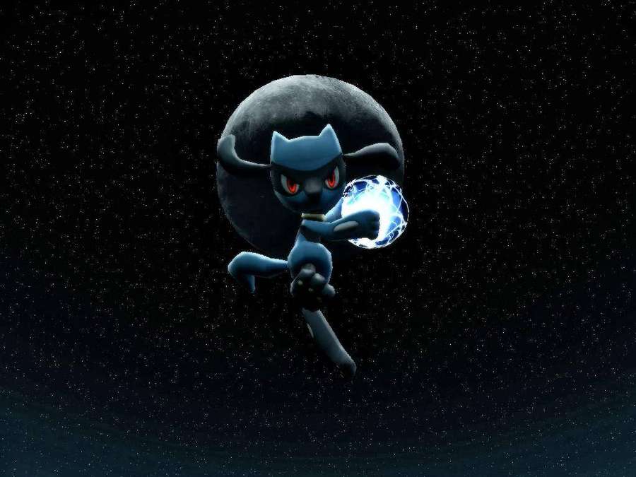 Dark blue cat Pokémon with red eyes floating in space holding a glowing orb. — Riolu Wallpaper
