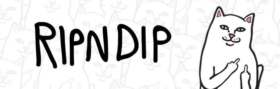 Tegneseriekat der giver fingeren ved siden af tekst RIPNNDIP på katte-mønstret baggrund — Ripndip Wallpapers