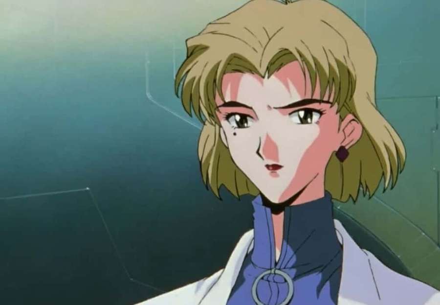 Anime woman in white coat with serious expression in futuristic setting — Ritsuko Akagi Wallpaper