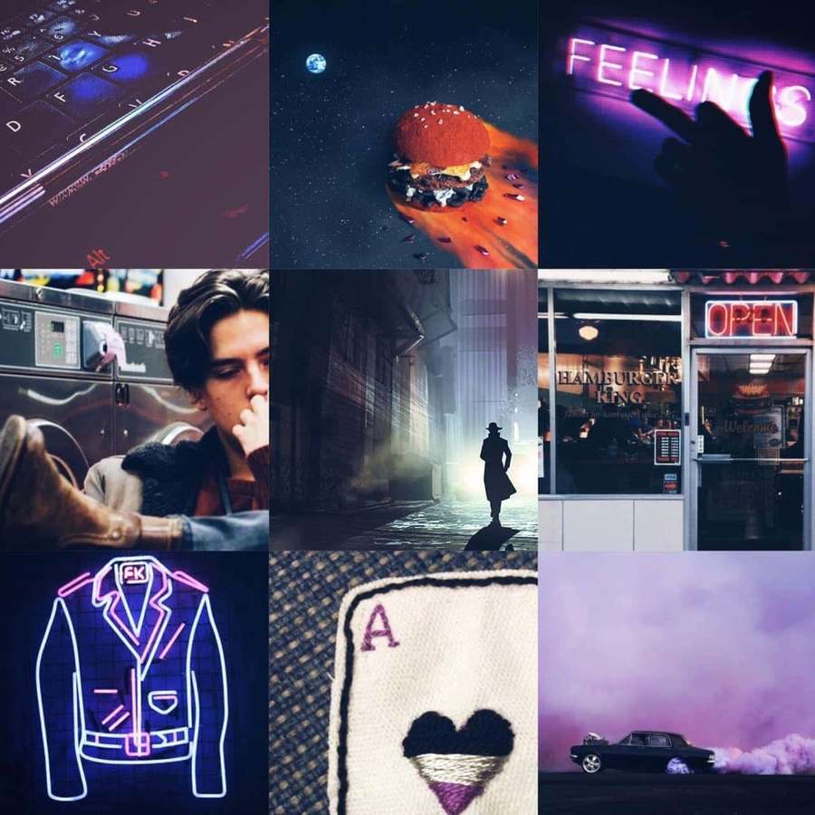 Neun surreale Bilder, darunter Neonlichter, ein schwebender Burger, eine Detektivsilhouette und ein Auto in lila Nebel — Riverdale Hintergrundbild
