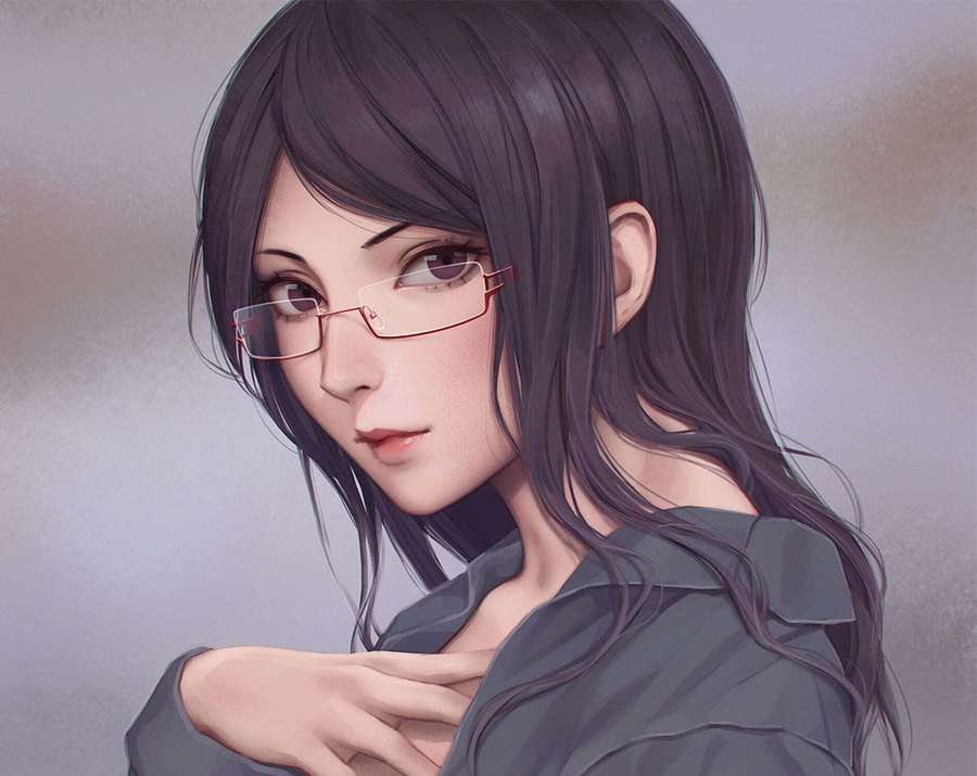 Anime girl with dark hair and red glasses adjusting her gray shirt. — Rize Kamishiro Wallpaper