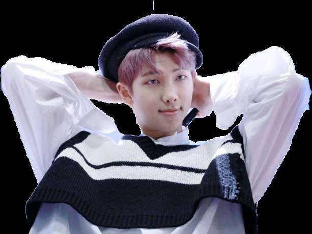 Young man with pink hair wearing a beret and striped sweater posing casually. — Rm PNG