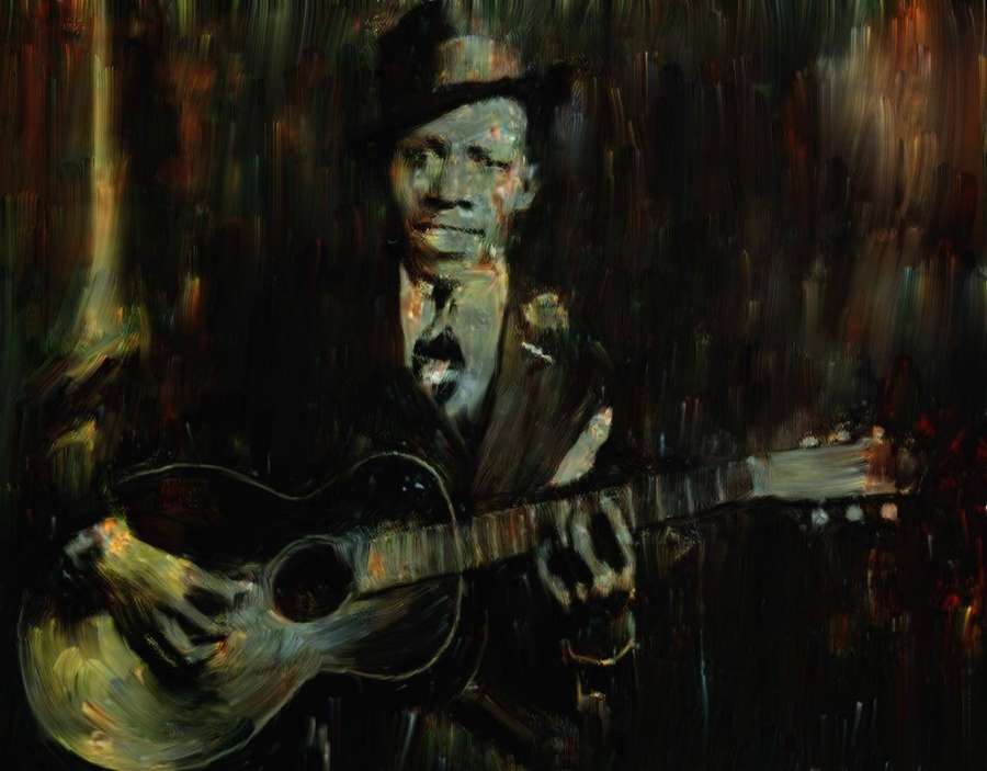Um homem de chapéu tocando violão em um ambiente com pouca luz. — Robert Johnson Papéis de Parede