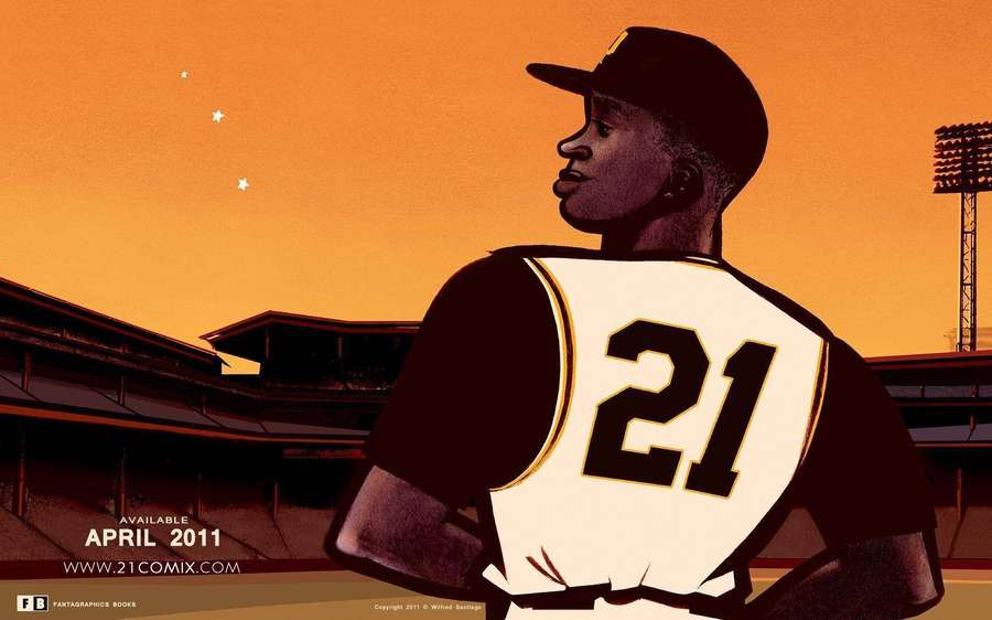 Baseballspieler mit Trikotnummer 21 in einem Stadion unter orangefarbenem Abendhimmel mit Sternen. — Roberto Clemente Bilder