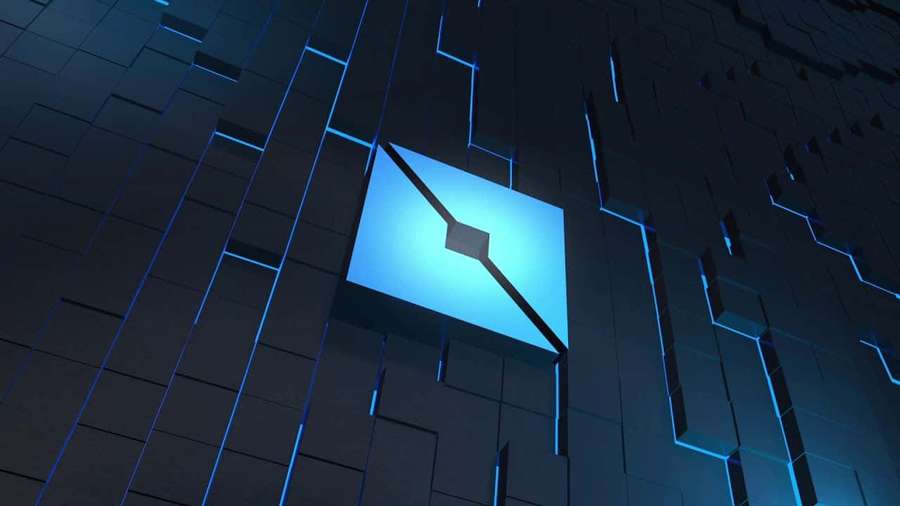 A glowing blue cube in a dark digital grid wall with neon lines. — Roblox Blue Wallpaper