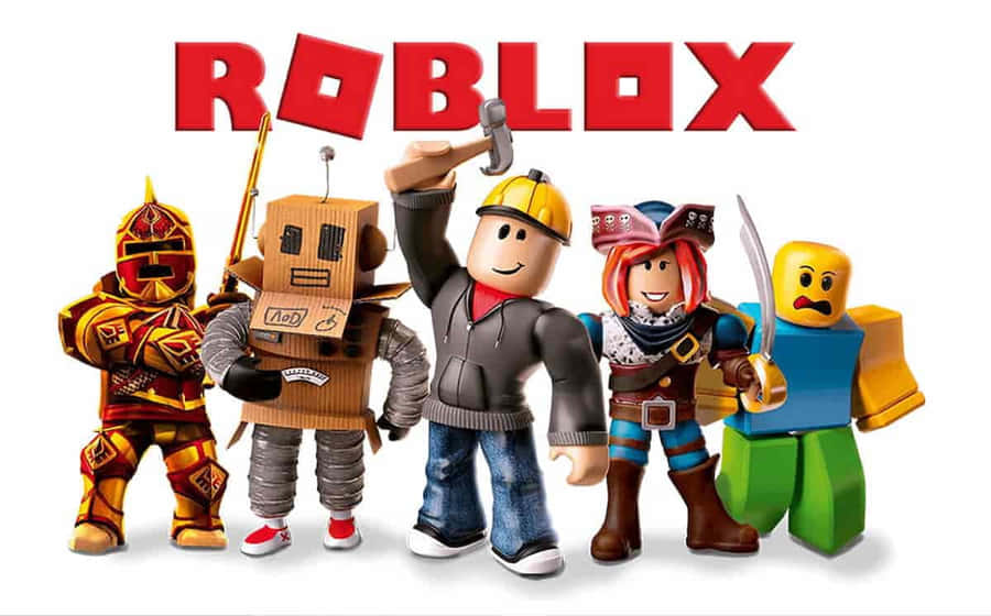 Fem Roblox-avatarer i olika outfits står under Roblox-logotypen. — Roblox karaktär bakgrund Bakgrundsbilder