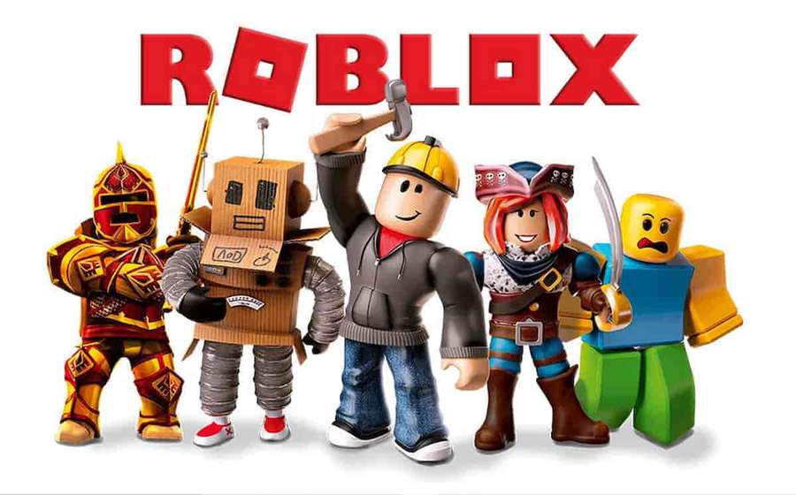 Fünf Roblox-Avatare in verschiedenen Outfits stehen unter dem Roblox-Logo. — Roblox charakter Wallpaper