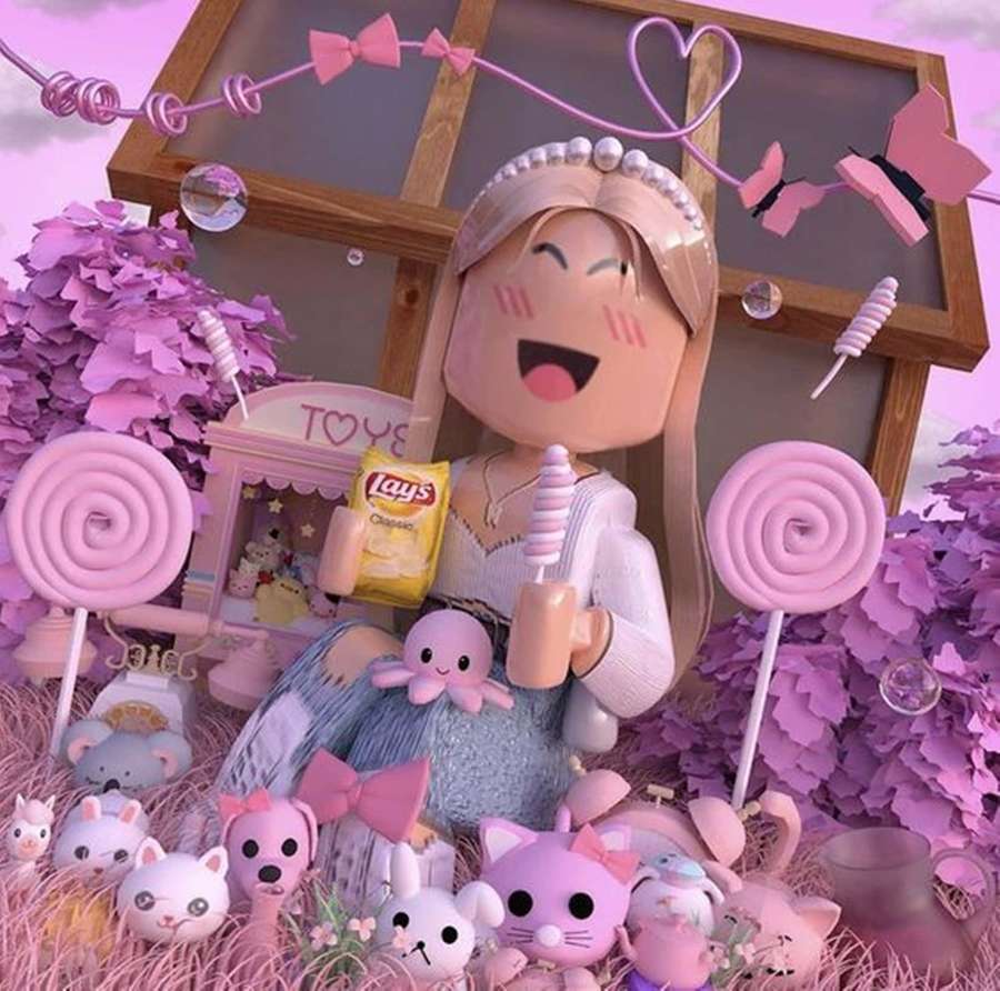 Ein fröhliches Mädchen umgeben von rosa Lutschern und Plüschtieren in einer verspielten Pastellszene. — Roblox Gfx Wallpaper