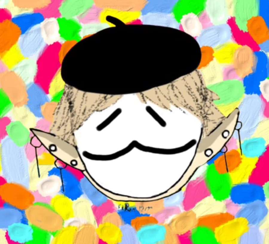 Cartoon elf with beret and mustache on colorful paint background — Roblox Guest Wallpaper